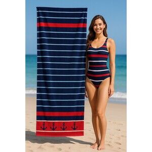 Better Homes & Gardens Luxury Beach Towel Navy Stripe Anchor 38x72 New Fast Ship